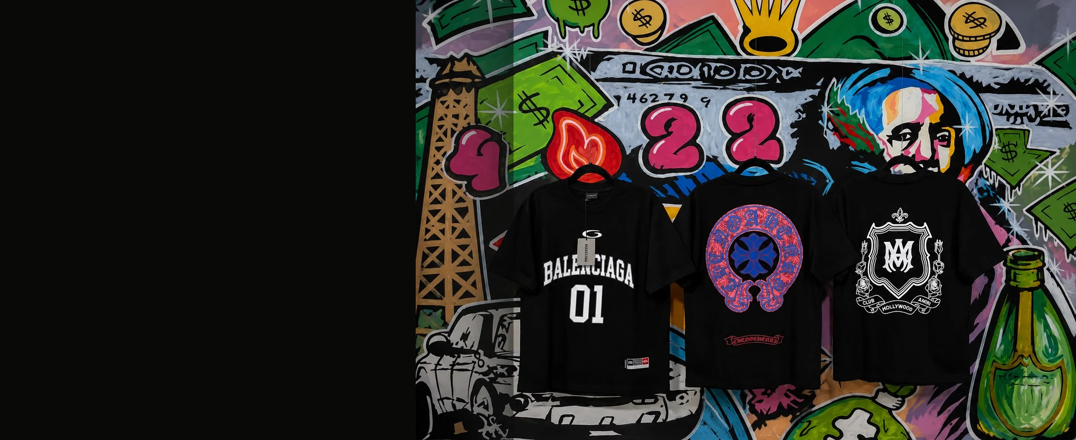Playeras colgadas frente a un mural