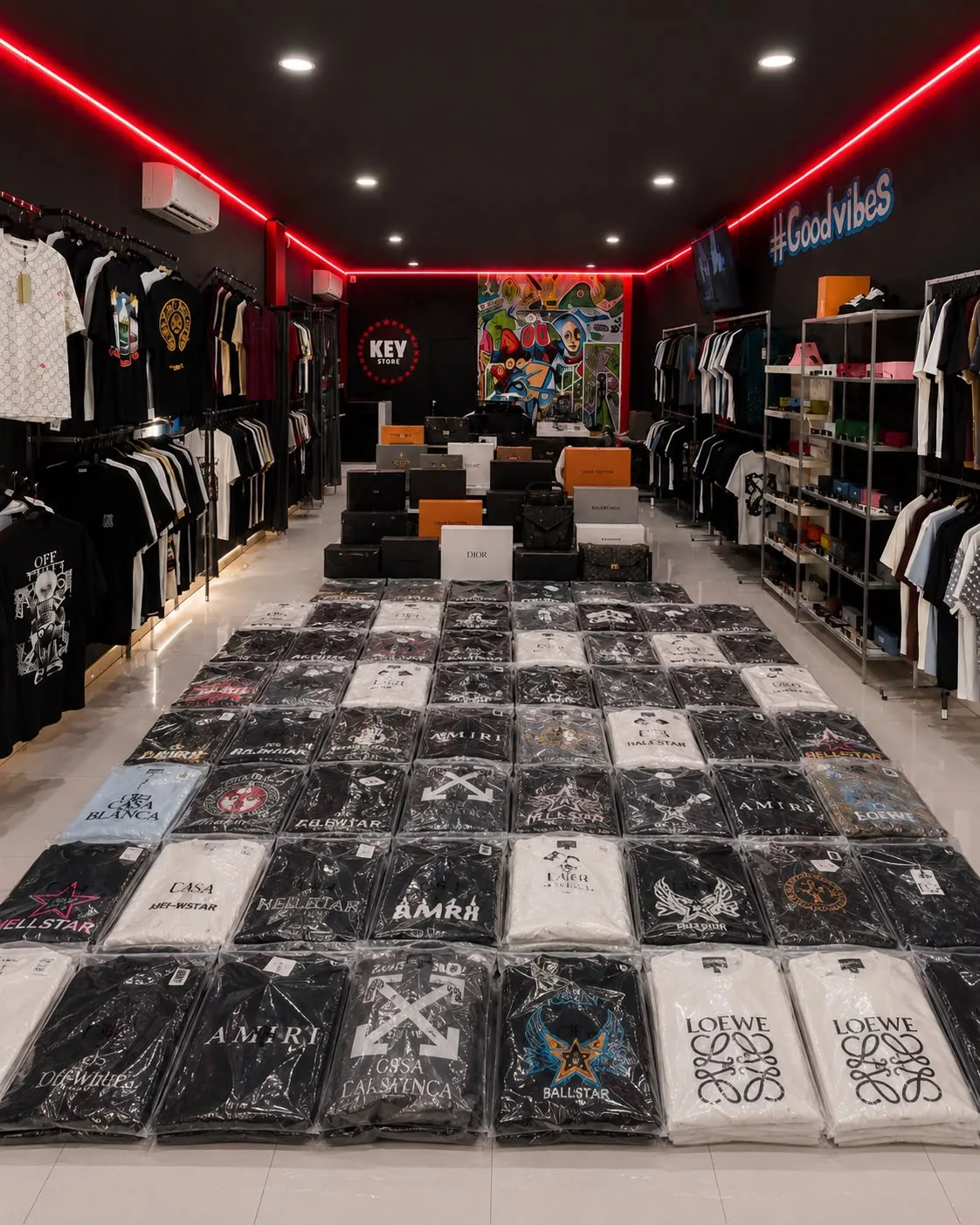 El salón de la tienda con la importación del mes extendida en el piso, playera por playera