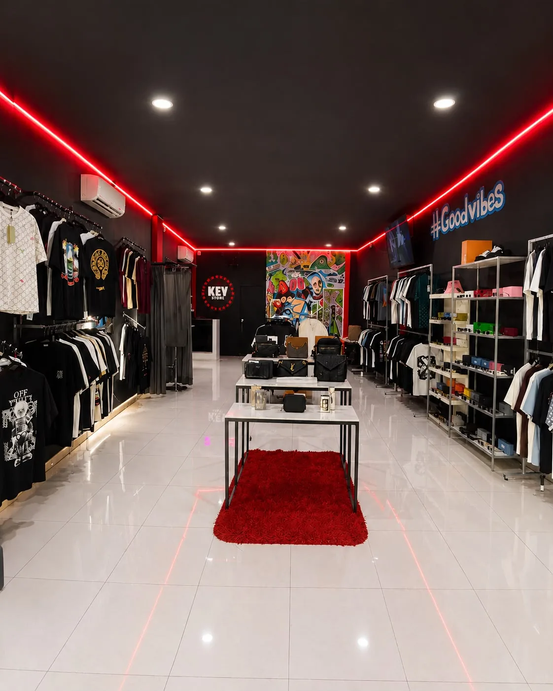 El interior de la tienda de Culiacán: pasillo blanco, luz roja en el techo y el logotipo al fondo