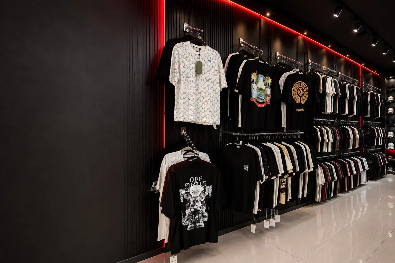 Pared de playeras colgadas en la tienda, con la luz roja del techo y los exhibidores al fondo